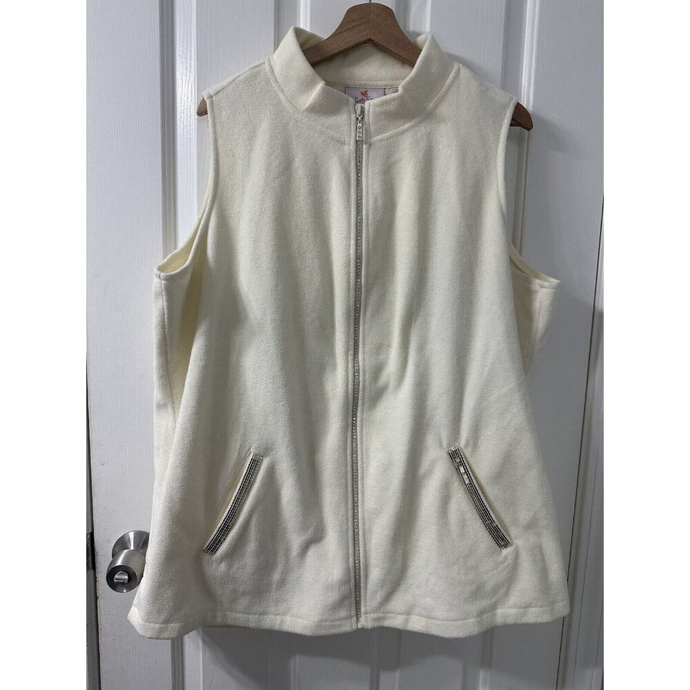 Quacker Factory Size 1X Fleece Vest Full Zip Bling Sequin Trim Pockets White